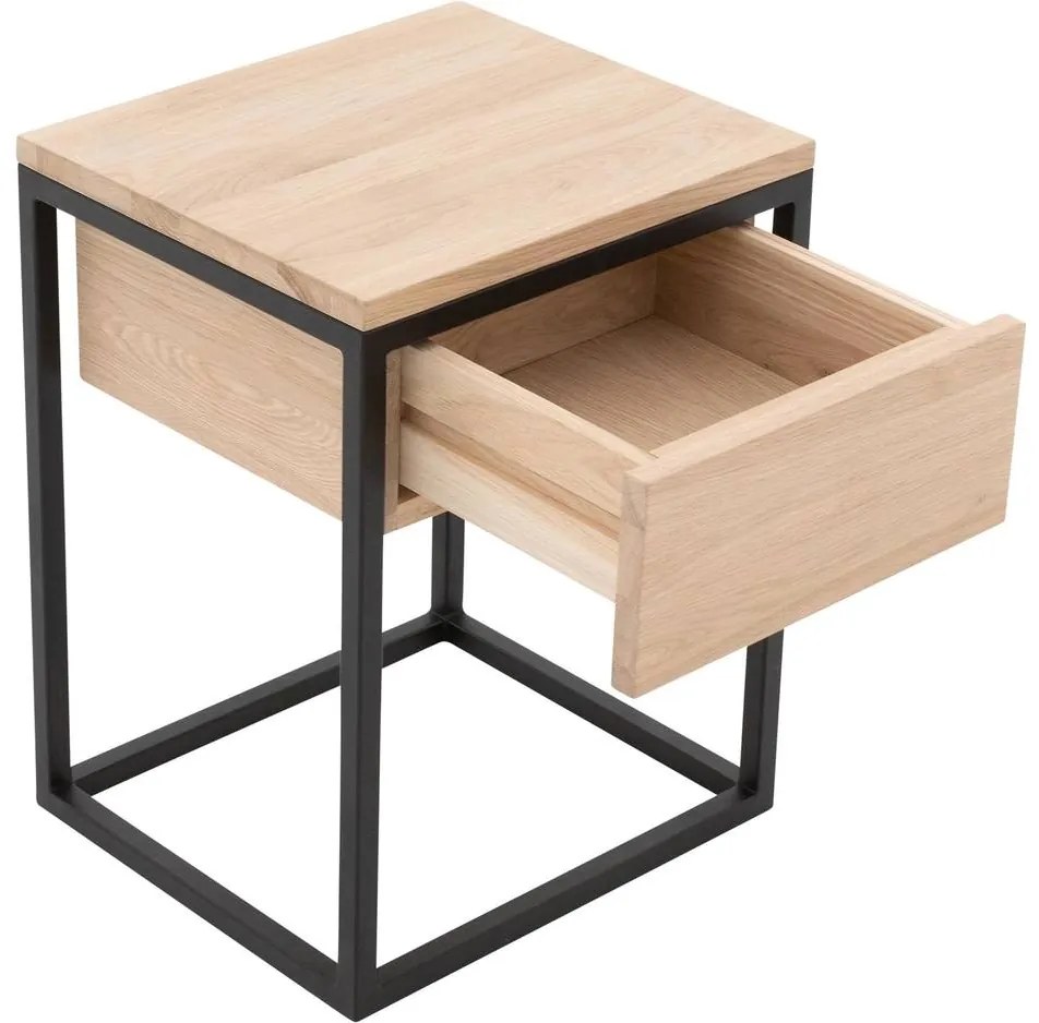 Goossens Nachtkastje Ord, Metaal ral 9005 zwart, met lade en bovenblad massief eik, 40 x 35 x 57 cm hoog