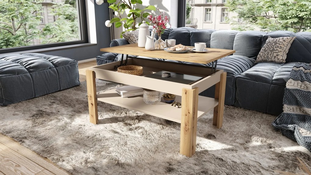 ASTI-P eiken artisan / beige - moderne salontafel met hefblad