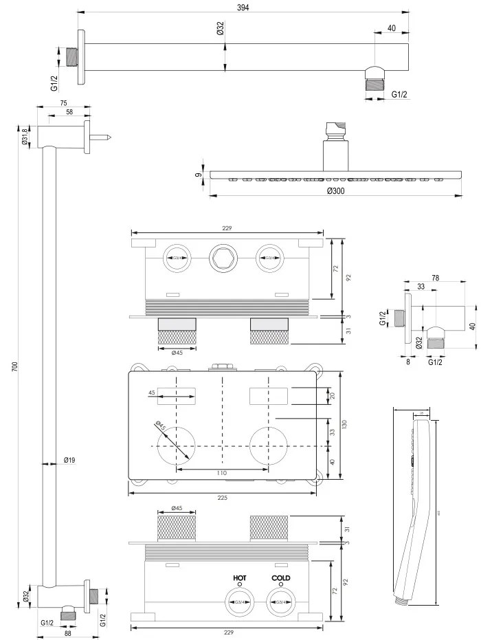 Brauer Gunmetal Carving thermostatische inbouw regendouche met 3 standen handdouche, rechte muurarm, glijstang en hoofddouche 30cm set 68 gunmetal geborsteld PVD