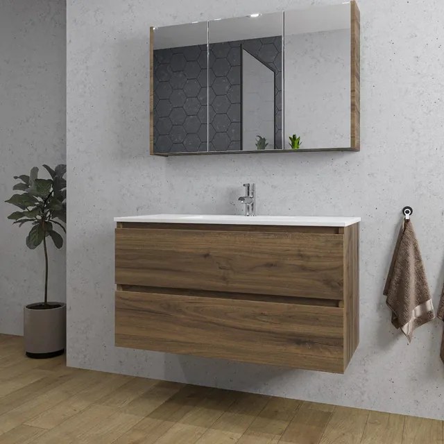Adema Chaci Badkamermeubelset - 100x46x57cm - 1 keramische wasbak wit - 1 kraangat - 2 lades - Spiegelkast - noten (hout) SW1212772/SW1212817/SW812073/SW804532