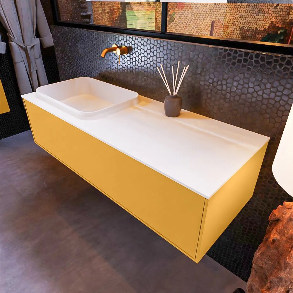 Mondiaz Erin 120cm badmeubel Ocher met 1 lade en witte wastafel links zonder kraangaten