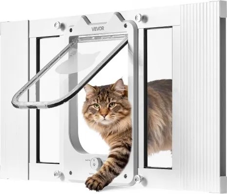 VEVOR Kattenluik/kattendeur, verstelbaar voor raambreedtes (584-711 mm), weerbestendig huisdierluik met 4 veilige vergrendelingsstanden, aluminium frame, helder glas en magnetische sluiting, wit