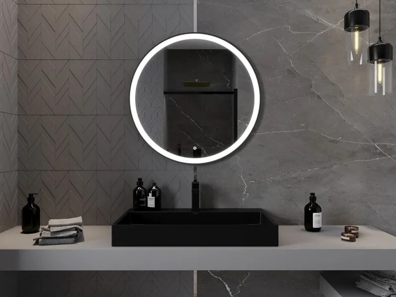 Mexen Esso verlicht badkamerspiegel, rond 80 cm, LED 6000K, anti-condens, zwarte frame - 9825-080-080-611-70