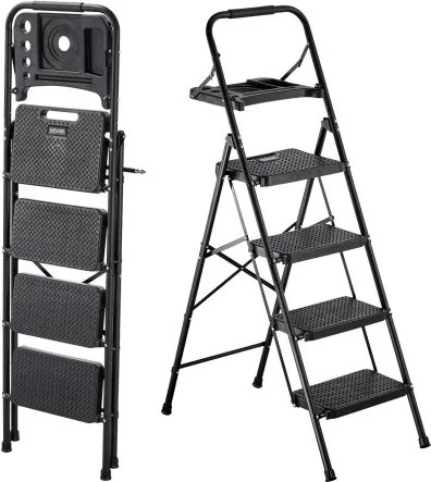 VEVOR 4-treden opvouwbare ladder met gereedschapsbak en comfortabele handgreep, huishoudladder, draagvermogen tot 272 kg, trapladder, opvouwbare kruk, veiligheidsladder voor keuken, huis en kantoor, zwart