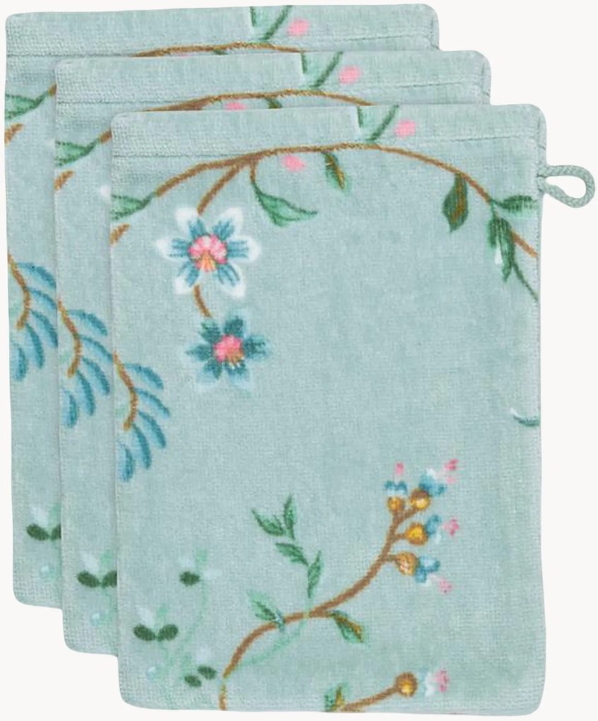 Velours & terry washhanddoeken Les Fleurs, 3-delig