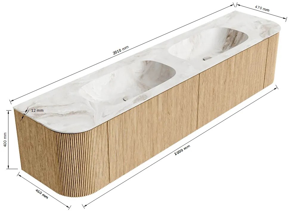 Mondiaz Kurve-dlux 200cm badmeubel ronding links/rechts shadow met 2 lades en deuren en wastafel stor small dubbel zonder kraangat glace