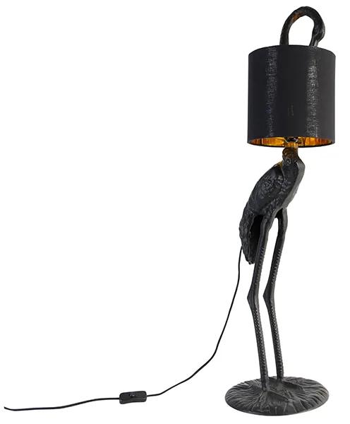 Vintage vloerlamp zwart met stoffen kap zwart - Animal Kraanvogel Landelijk E27 Binnenverlichting Lamp