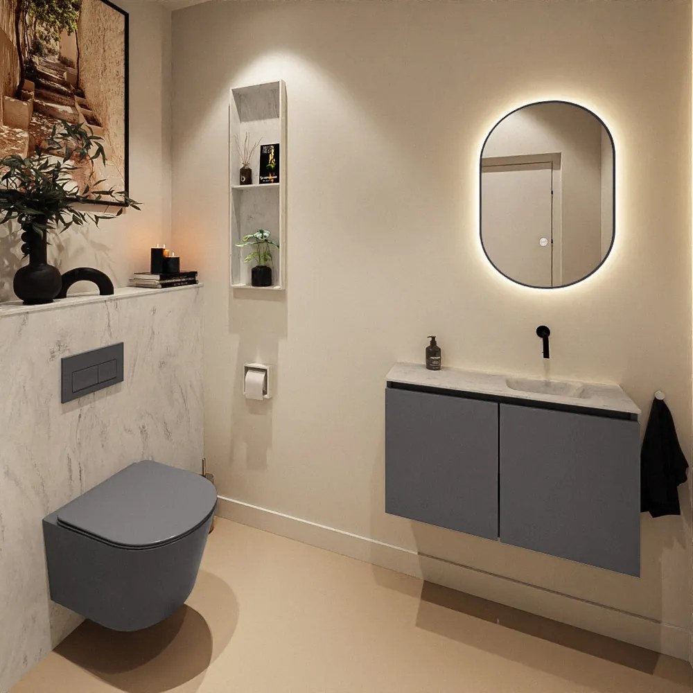 Mondiaz Ture DLux toiletmeubel 80cm dark grey met wastafel opalo rechts zonder kraangat