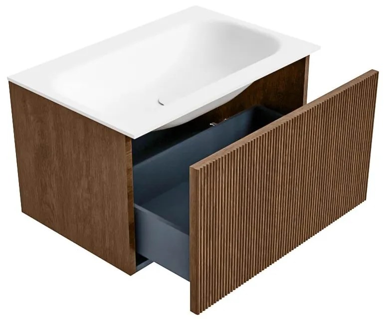 Mondiaz Kurve 70cm badmeubel walnut met 1 lade en wastafel big small midden 1 kraangat