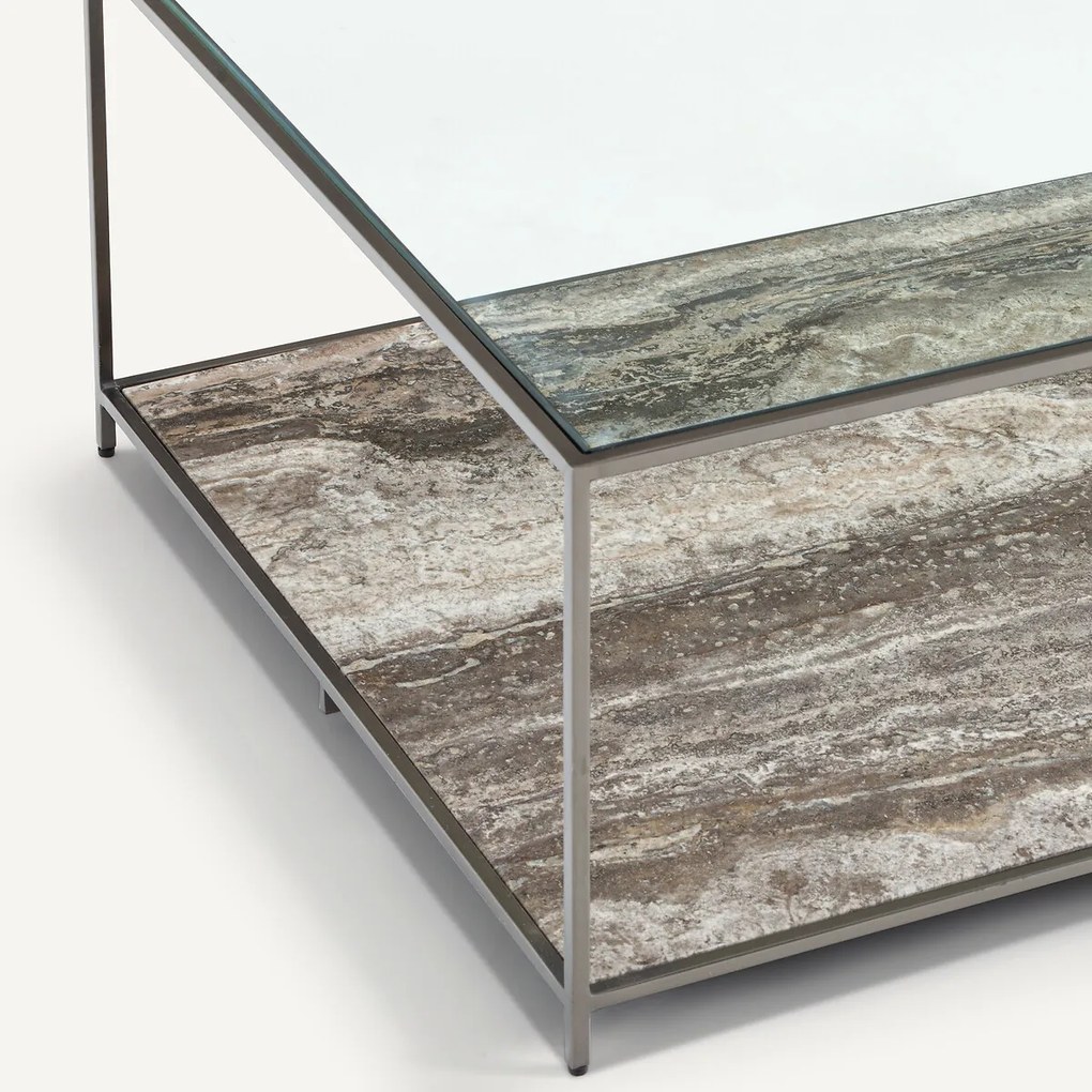 Salontafel in gehard glas en travertijn, Buren