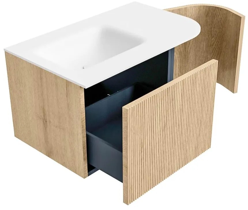 Mondiaz Kurve 75cm badmeubel ronding rechts oak met 1 lade en deur en wastafel grunne kraangat links