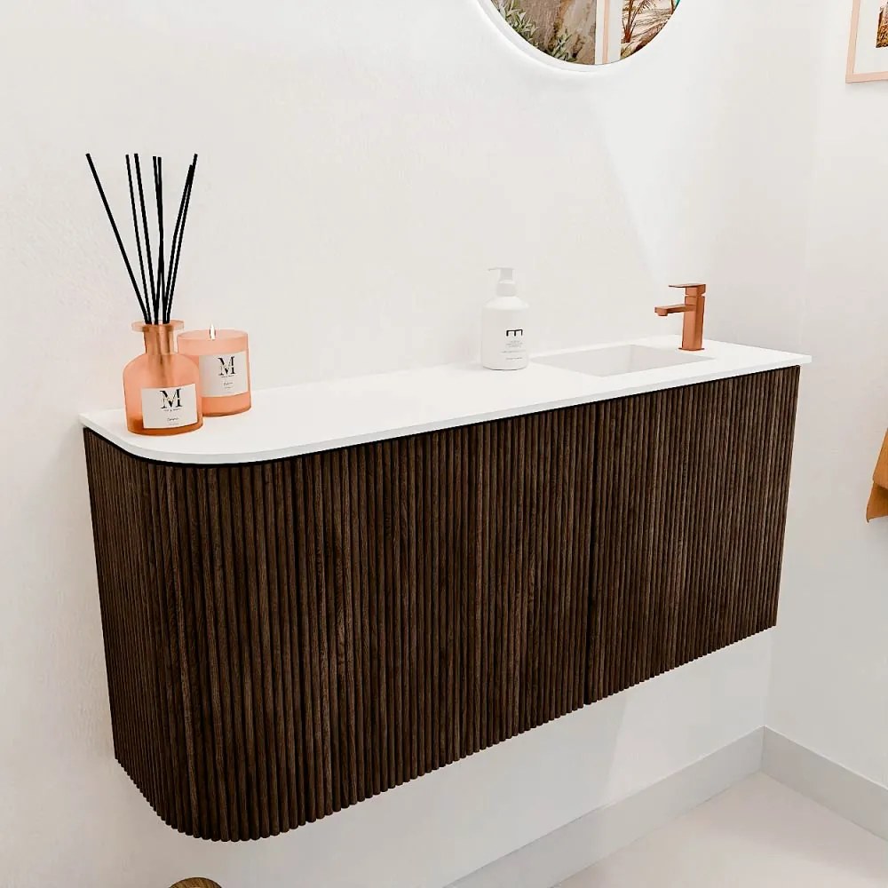 Mondiaz Joya 90cm toiletmeubel ronding links walnut met wastafel faye rechts 1 kraangat talc