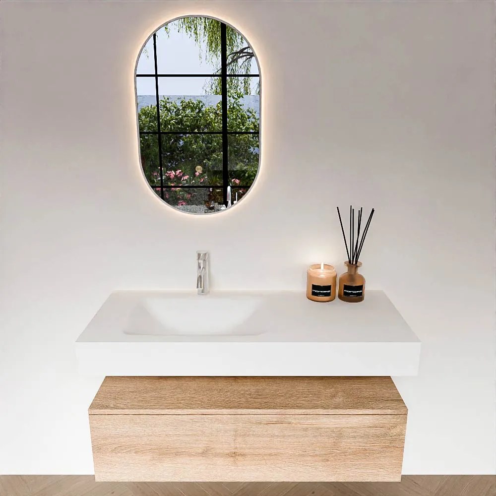 Zaro Alan badmeubel 110cm washed oak 1 lade met vrijhangende wastafel cloud links 1 kraangat talc