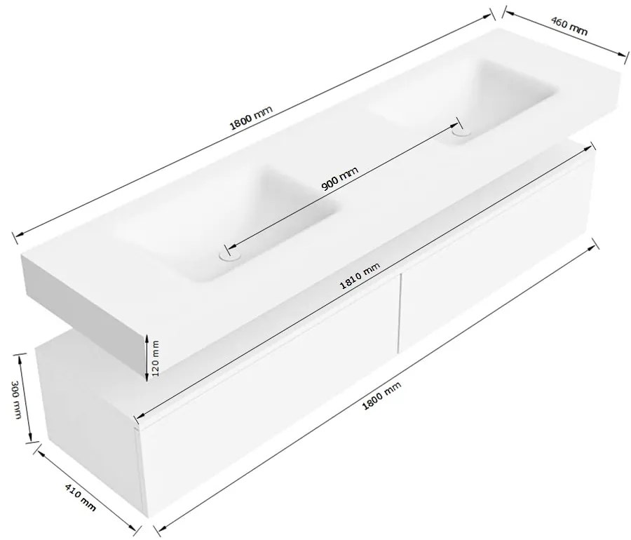 Zaro Alan badmeubel 180cm sand 2 lades met vrijhangende wastafel cloud dubbel 2 kraangaten talc