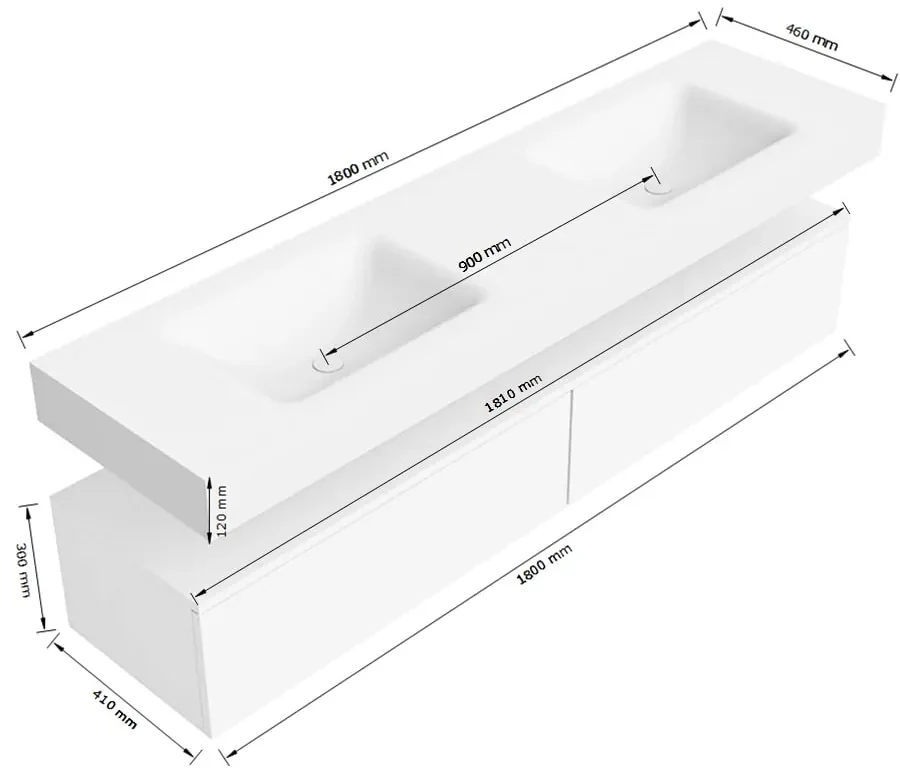 Zaro Alan badmeubel 180cm urban 2 lades met vrijhangende wastafel cloud dubbel 2 kraangaten urban