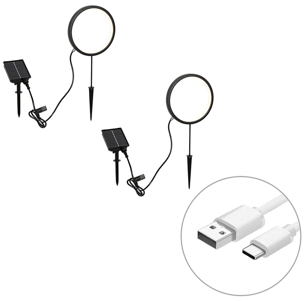 Set van 2 prikspots zwart 50cm incl. LED oplaadbaar en solar IP65 - Adalind