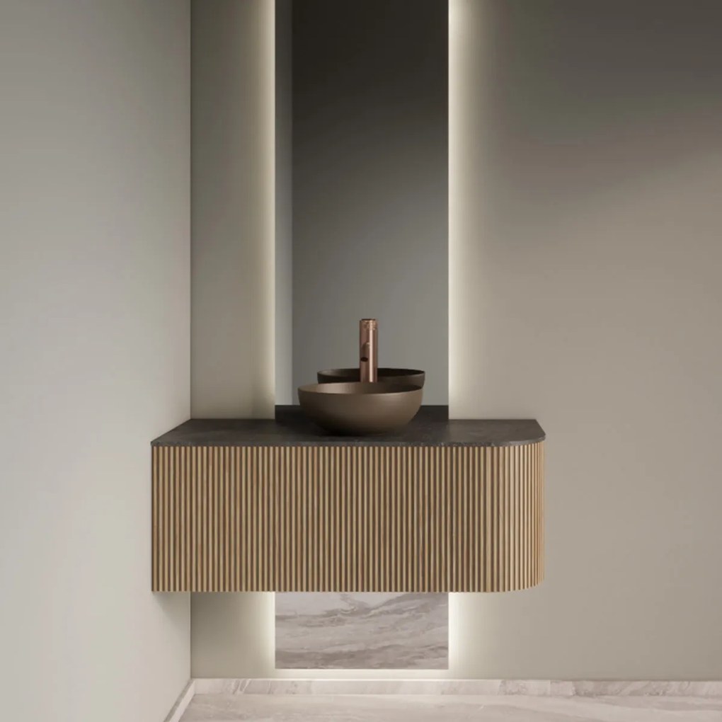 Gliss Design Alluro badmeubel ribbelfront met ronding rechts 100cm mist en zwart leisteen toppaneel