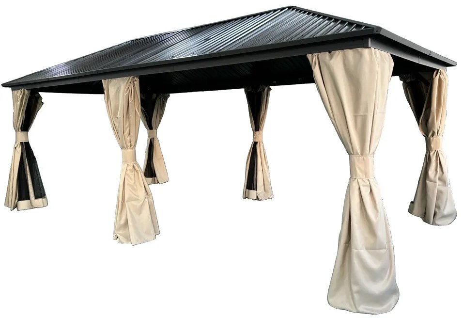Metalen tuinhuisje Sardinië 3x6 met gordijnen Garden Point beige