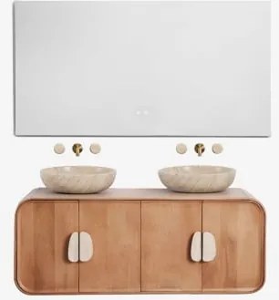 Dubbel Zwevend Badkamermeubelset 130x45 Cm Van Mangohout En Natuurlijke Kivalina-steen Travertijn - Mangohout & 2 X Ronde Travertijn Ø40 Cm Eskel -