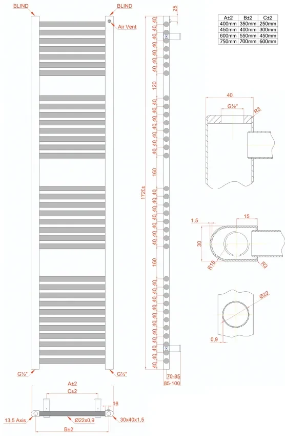 Eastbrook Biava multirail handdoekradiator 45x170cm 843W antraciet