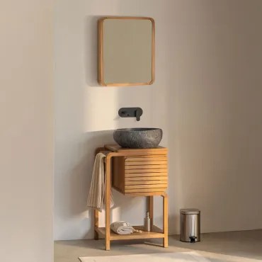 Bradley Teakhouten Badkamermeubelset Onregelmatige In Zwart Cement ↔︎40 Cm Fedro & Rechthoekig Met Afgeronde Hoeken En Opbergruimte - Sklum