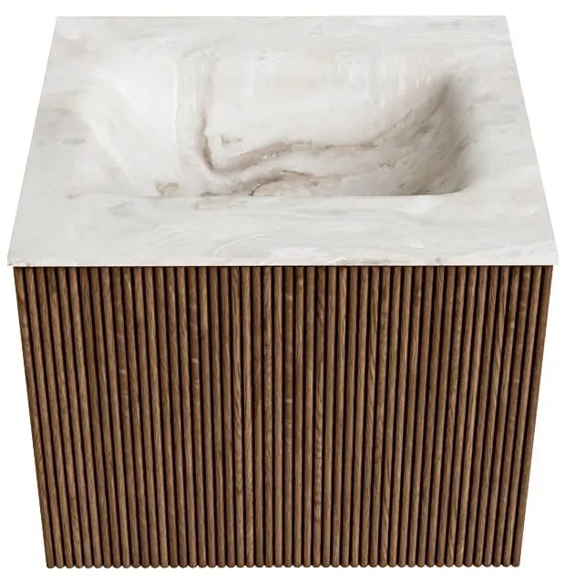 Mondiaz Kurve-dlux 50cm badmeubel walnut met 1 lade en wastafel grunne midden zonder kraangat frappe