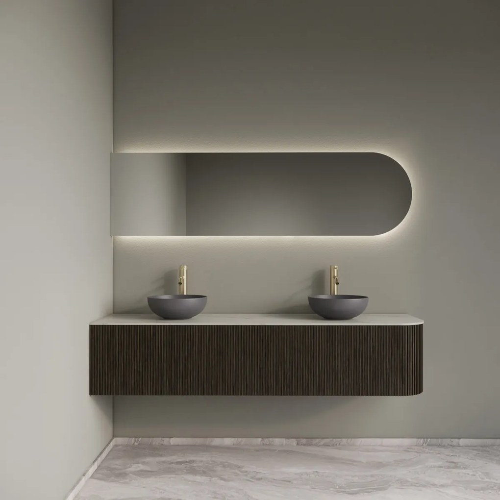 Gliss Design Alluro badmeubel ribbelfront met ronding rechts 180cm charcoal en wit marmer toppaneel