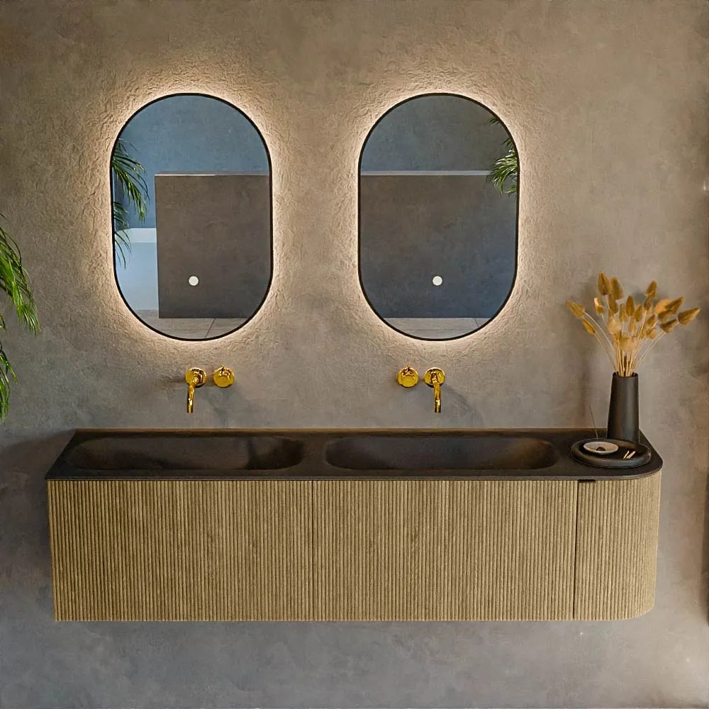 Mondiaz Kurve 165cm badmeubel ronding rechts dusk met 2 lades en 1 deur en wastafel big small dubbel/links zonder kraangat urban