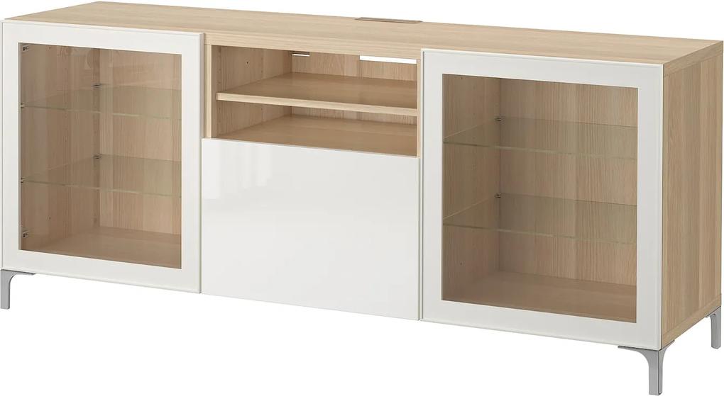 IKEA BESTÅ Tv-meubel met lades 180x40x74 cm Wit gelazuurd eikeneffect/selsviken hoogglans/wit helder glas Wit gelazuurd eikeneffect/selsviken hoogglans/wit helder glas - lKEA