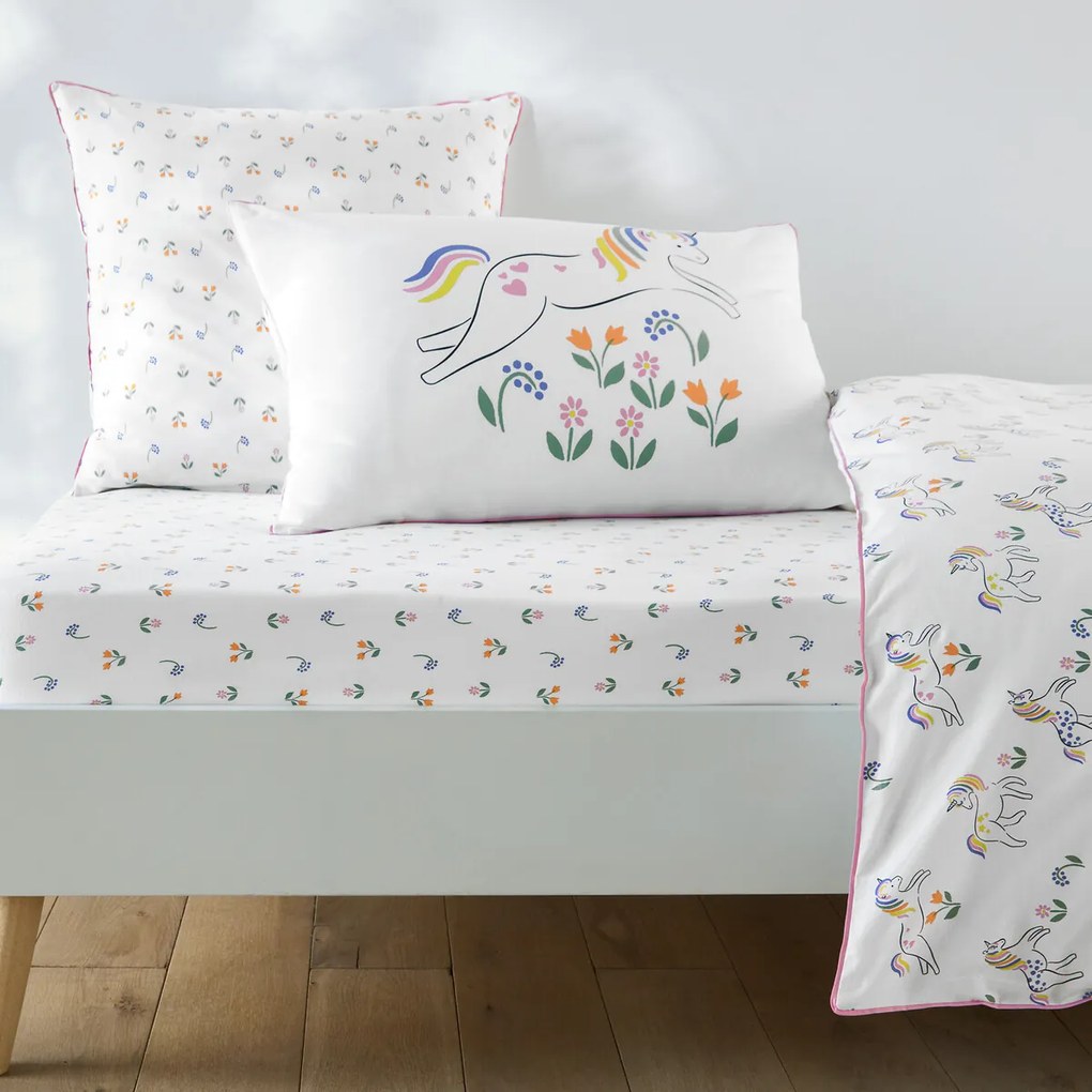 Hoeslaken voor kinderen, 50% gerecycled katoen, kap van 25 cm, eenhoornprint, TAMILA
