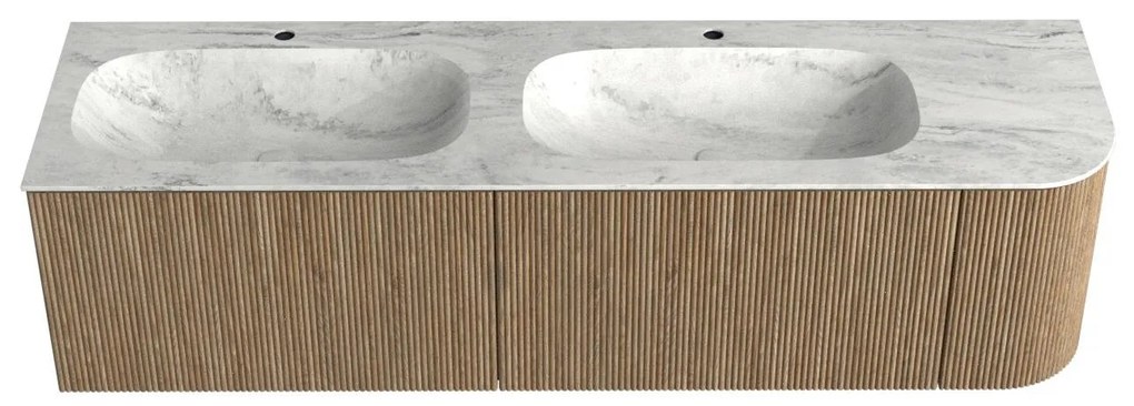 Mondiaz Kurve-dlux 165cm badmeubel ronding rechts dusk met 2 lades en 1 deur en wastafel stor small dubbel/links 2 kraangaten opalo