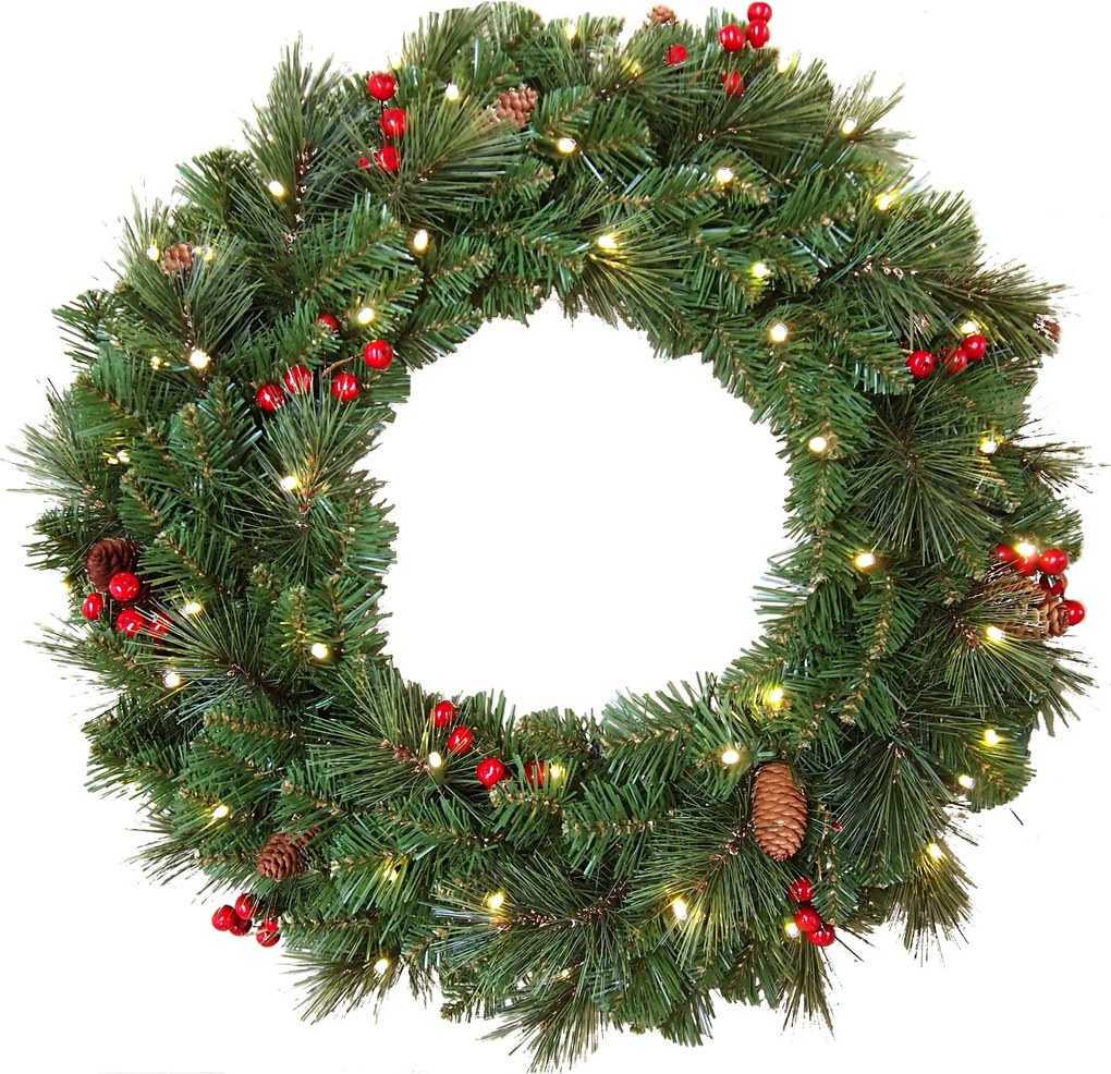 Famiflora verlichte kerstkrans"Everyday"- groen - Diameter 61 cm - 50 warm witte ledlampjes - met rode bessen&amp;dennenappels