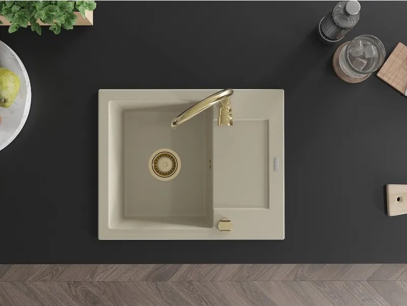 Mexen Enzo granitische spoelbak met 1 bak, afdruiprek en keukenkraan Telma, beige - 6506-69-670200-50