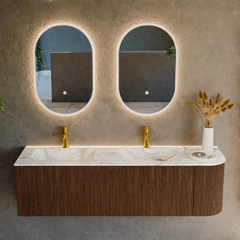 Mondiaz Kurve-dlux 155cm badmeubel ronding rechts walnut met 2 lades en 1 deur en wastafel leaf dubbel/links 2 kraangaten glace