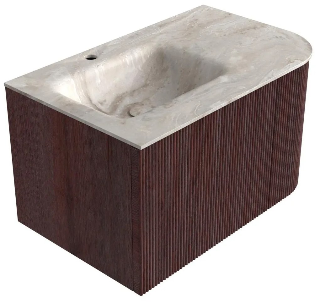 Mondiaz Kurve-dlux 75cm badmeubel ronding rechts ruby met 1 lade en deur en wastafel grunne kraangat links frappe