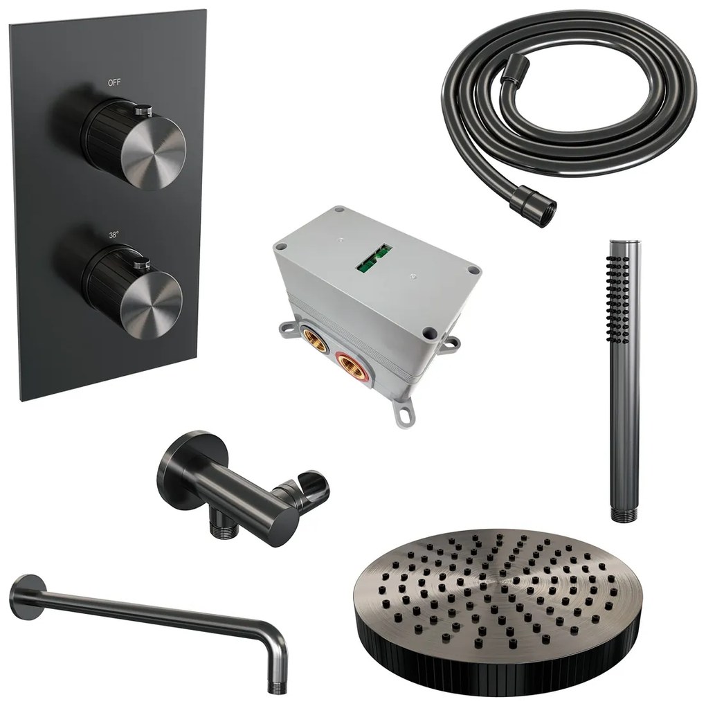 Brauer Stripe inbouw regendouche met 25cm hoofddouche, gebogen muurarm en staafhanddouche set 14 gunmetal geborsteld PVD