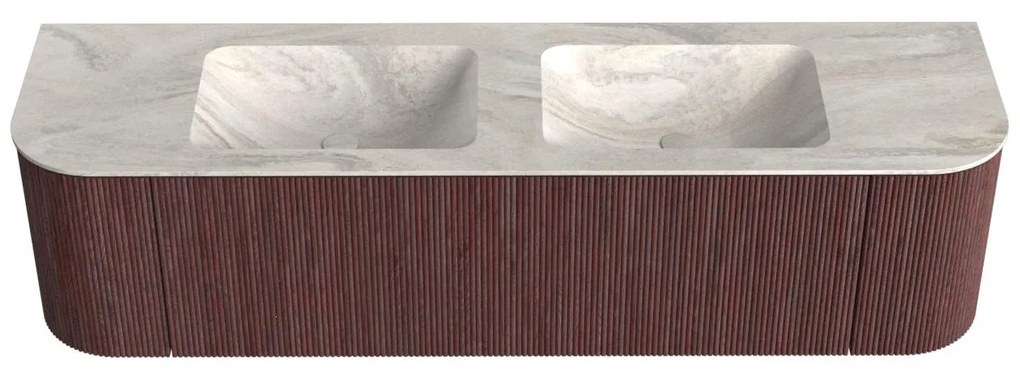 Mondiaz Kurve-dlux 170cm badmeubel ronding links/rechts ruby met 1 lade en 2 deuren en wastafel leaf dubbel zonder kraangat ostra