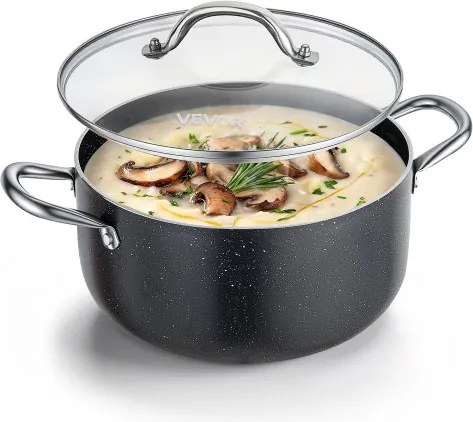 VEVOR 5,7L soeppan van aluminiumlegering met antiaanbaklaag, glazen deksel, PFOA- en PFAS-vrij, geschikt voor gas-, inductie- en elektrische fornuizen, ideaal voor soepen, stoofschotels en pasta.