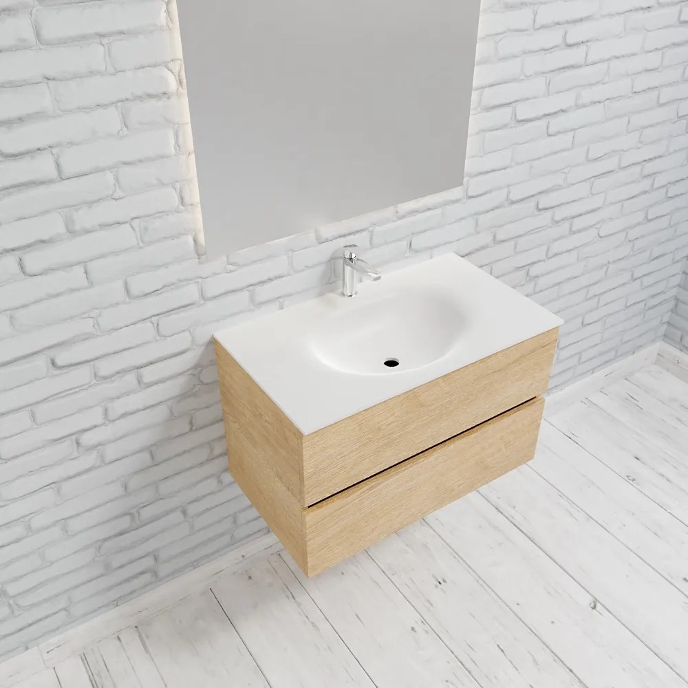 Zaro Sevilla Solid Surface badkamermeubel 80cm licht eiken 1 kraangat met 2 lades