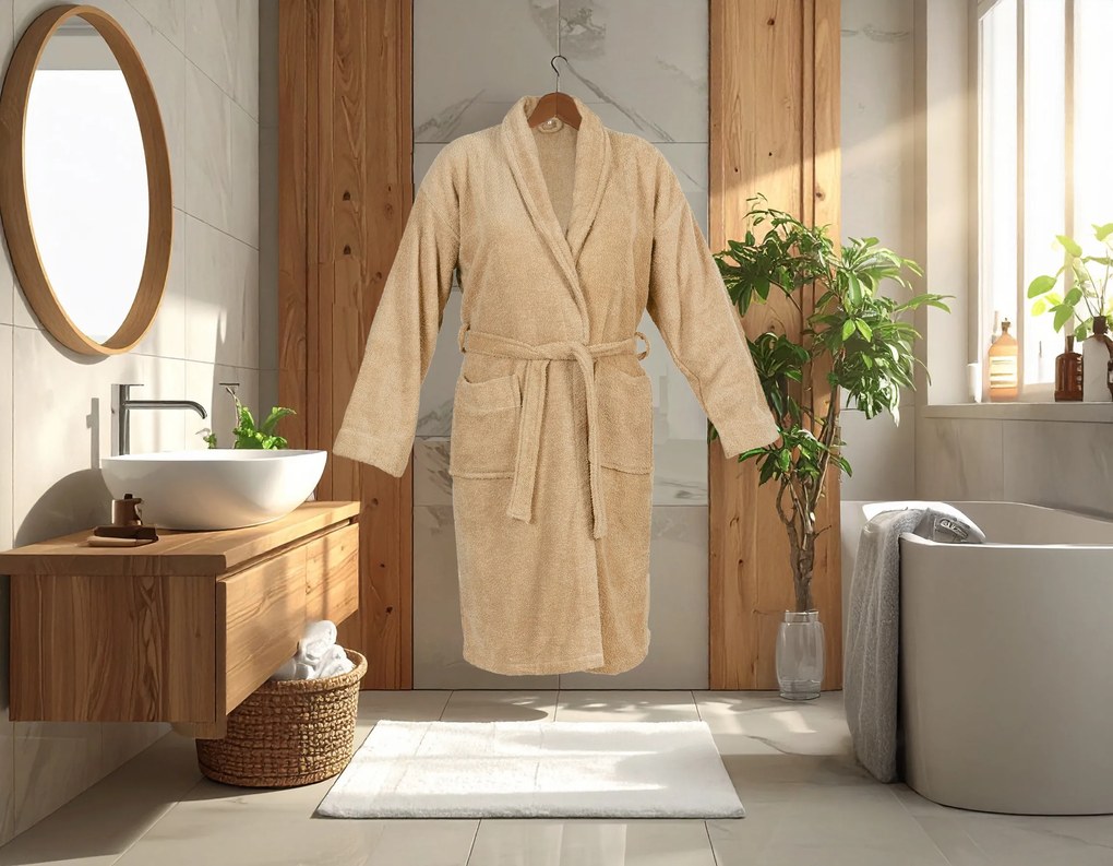 Badjas - 100% Katoen, waarvan 50% Gerecyclede Katoen - GRS Gecertificeerd - Maat XL - Warm Sand