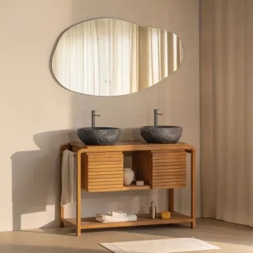 Bradley Teakhouten Badkamermeubelset 2 X Onregelmatige In Zwart Cement ↔︎40 Cm Fedro & Oval Led And Antifog 140x75 Cm - Sklum