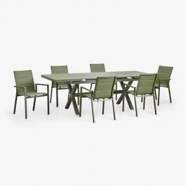 Set Van Rechthoekige Uitschuifbare Tuintafel 180-240x90 Cm En 6 Stapelbare Tuinstoelen Met Armleuningen Van Aluminium Karena Groen – Intens Olijf -
