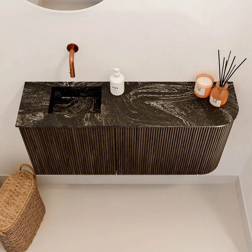 Mondiaz Joya DLux 90cm toiletmeubel ronding rechts walnut met wastafel faye links zonder kraangat lava