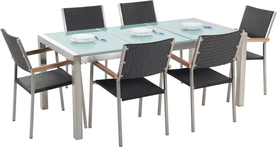 Tuinset matglas/RVS driedelig tafelblad 180 x 90 cm met 6 stoelen zwart rotan GROSSETO