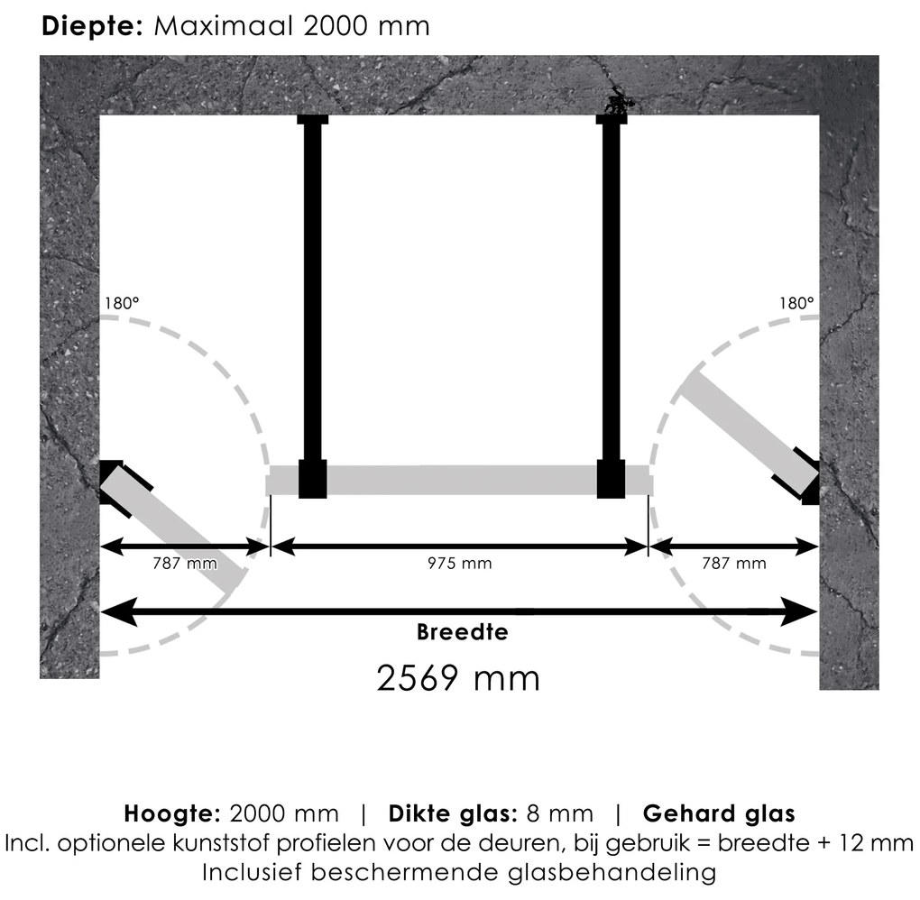 Brauer JC profielloze niscabine XL 260x200cm met 80cm deuren gunmetal geborsteld