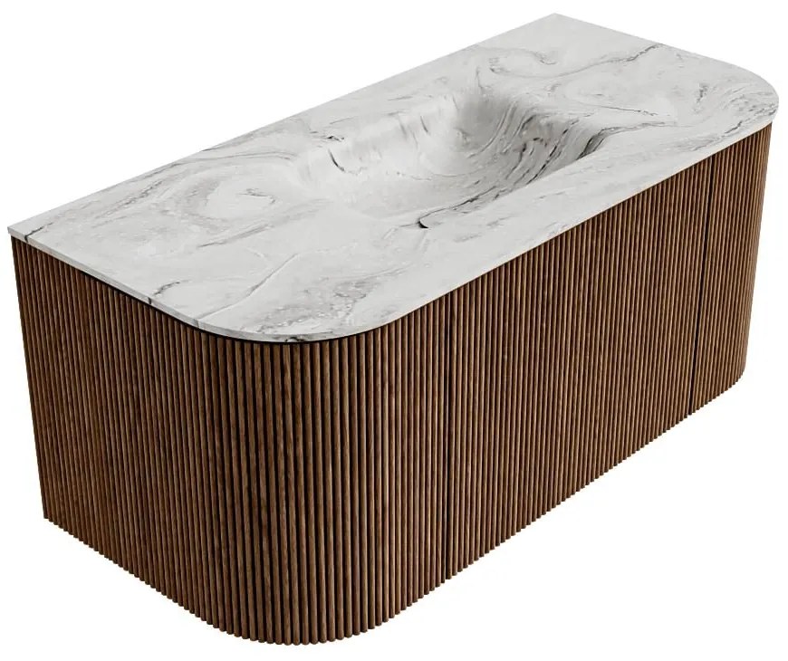 Mondiaz Kurve-dlux 100cm badmeubel ronding links/rechts walnut met 1 lade en 2 deuren en wastafel grunne midden 1 kraangat glace