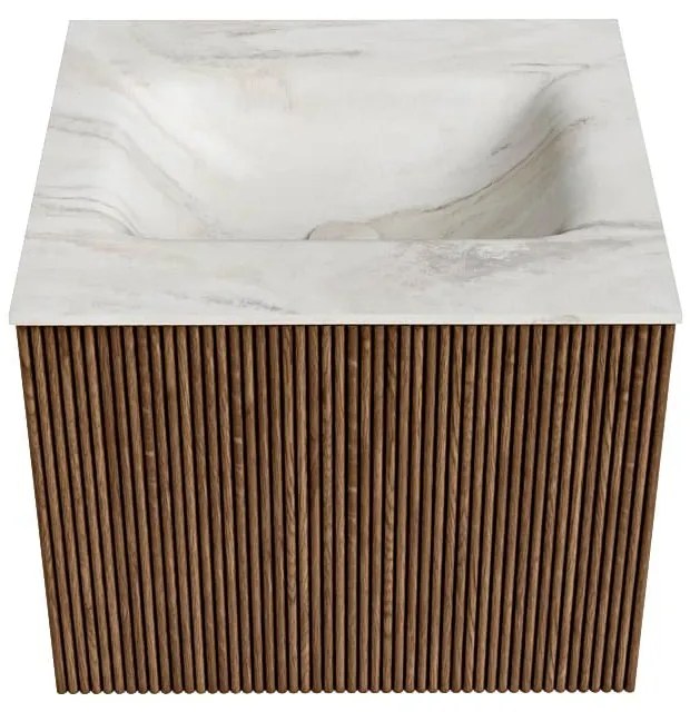 Mondiaz Kurve-dlux 50cm badmeubel walnut met 1 lade en wastafel grunne midden 1 kraangat ostra