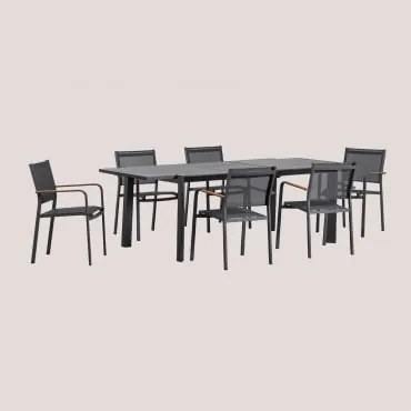 Rechthoekige Uitschuifbare Starmi-tafelset, 180x240-100 Cm, En 6 Stapelbare Archer Aluminium Tuinstoelen. Grijs – Grafiet - Sklum