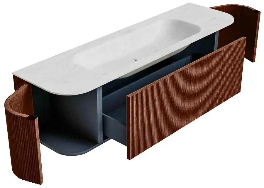 Mondiaz Kurve-dlux 160cm badmeubel ronding links/rechts ruby met 1 lade en 2 deuren en wastafel big medium midden zonder kraangat opalo