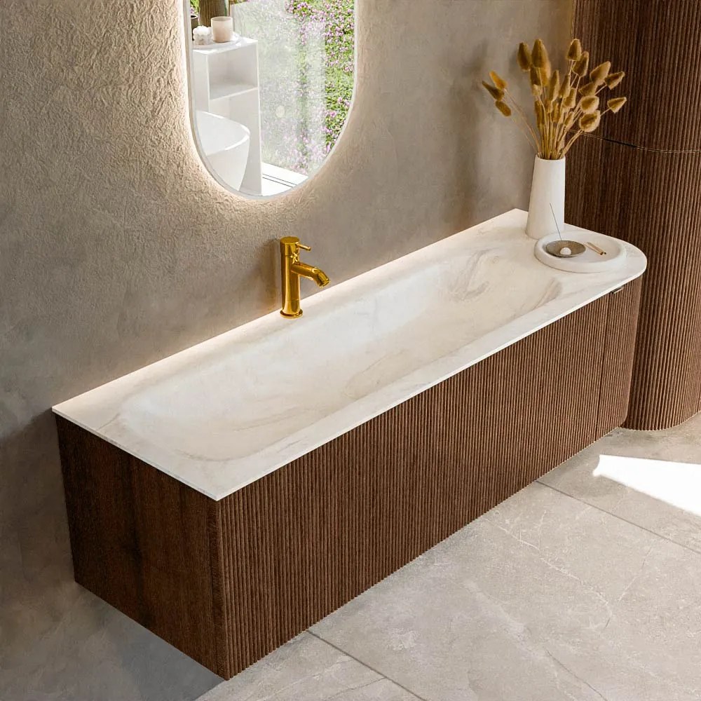 Mondiaz Kurve-dlux 145cm badmeubel ronding rechts walnut met 1 lade en deur en wastafel big large kraangat links ostra